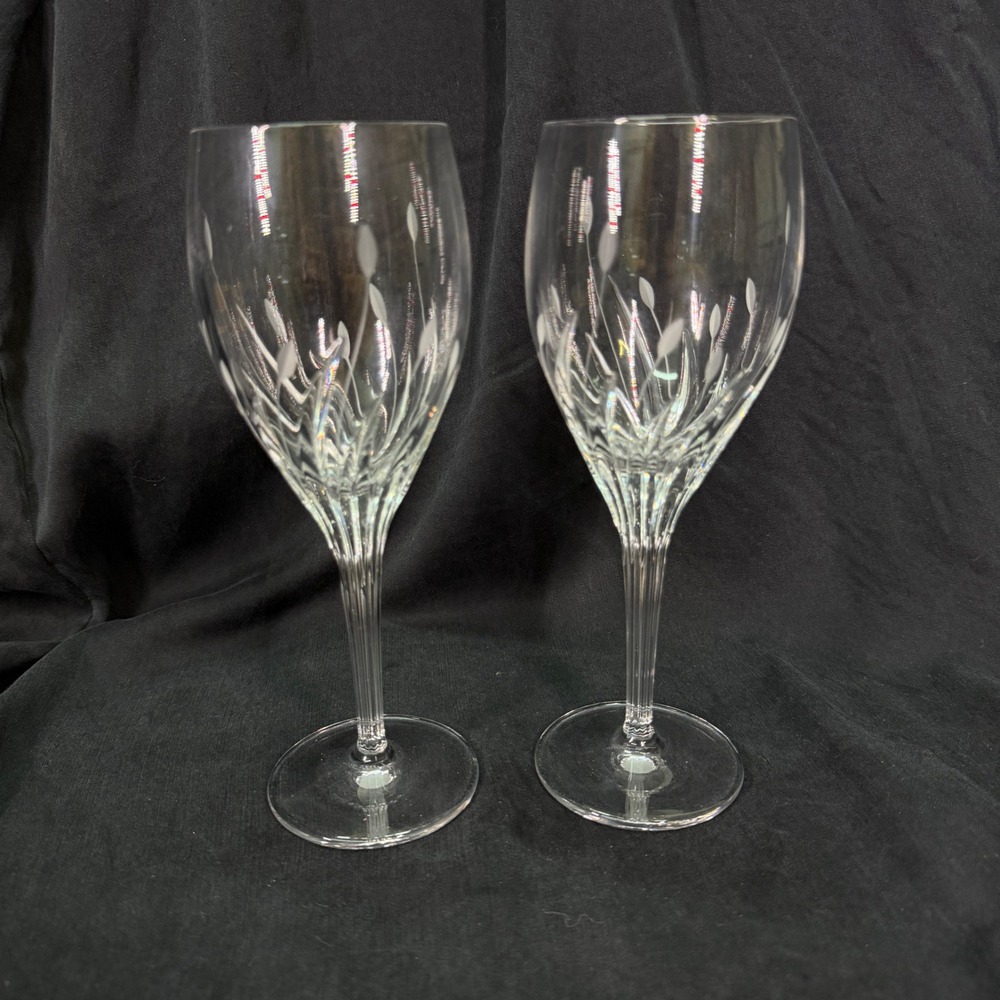 Mikasa Petals Crystal Wine Glasses Set of 2 Etched Floral Ribbed Stem 8.75 in